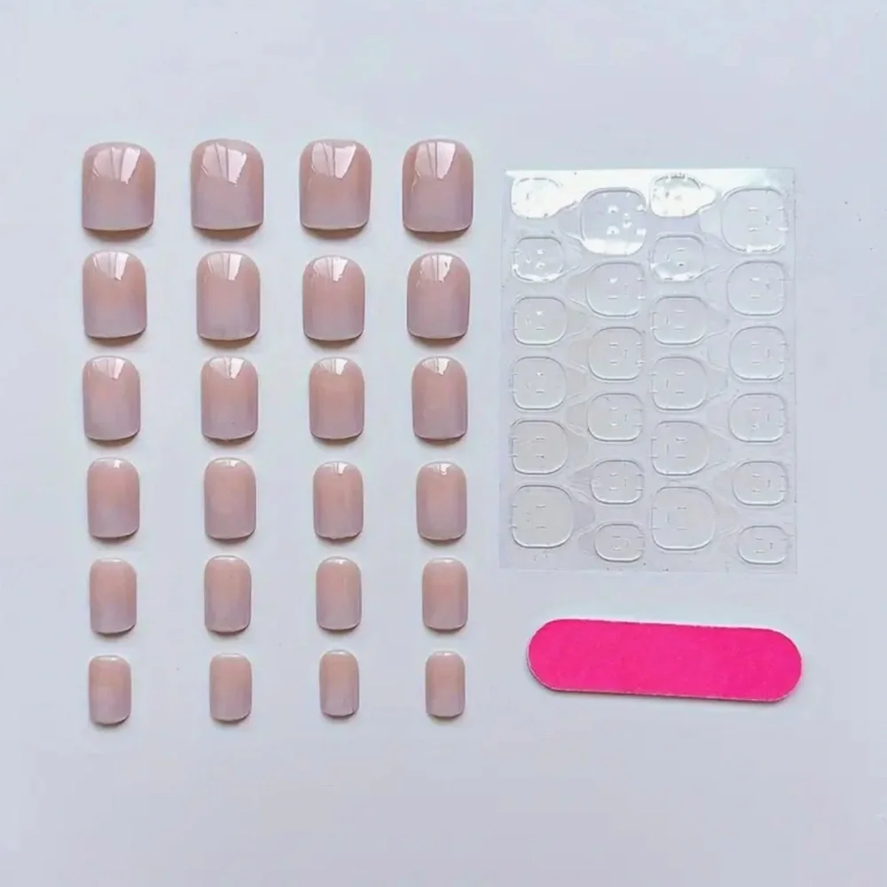 24pcs Glossy Jelly Pink Gradient Press-On Glue-On Short Oval Fake Nails